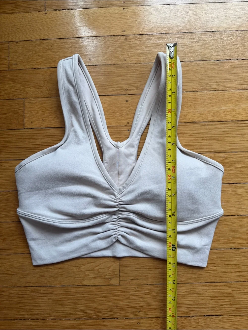 ALO Yoga Macademia Ruched V-Neck Bralette in Light Beige